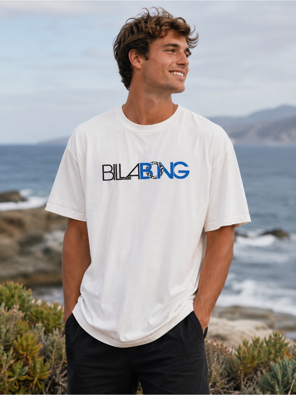 Billabong White Short-Sleeve Logo Tee with Blue & Black Accents